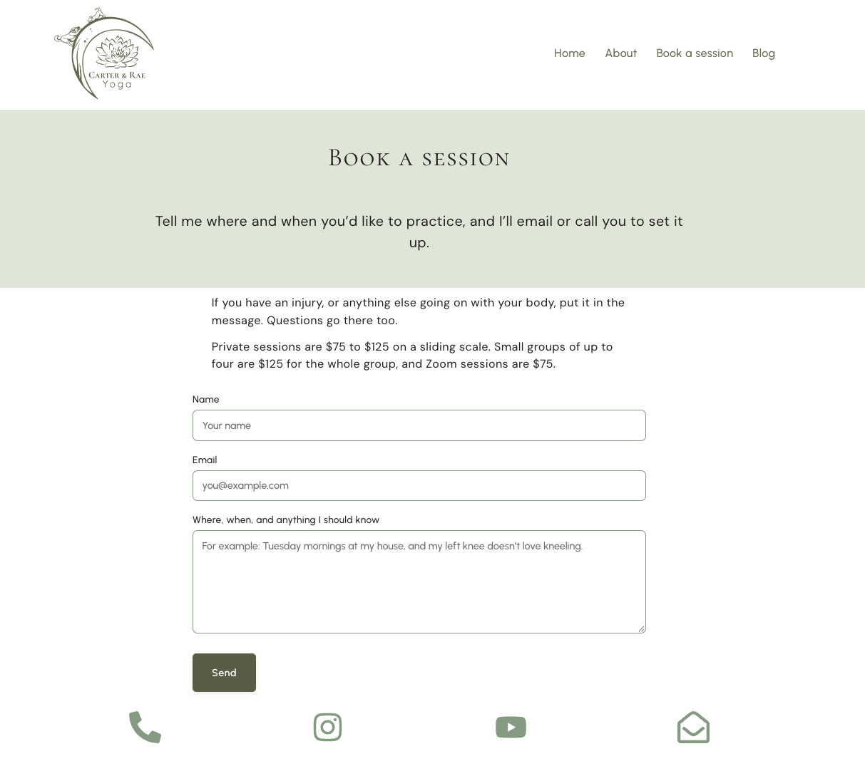 Carter & Rae Yoga booking page, a form with the prices listed