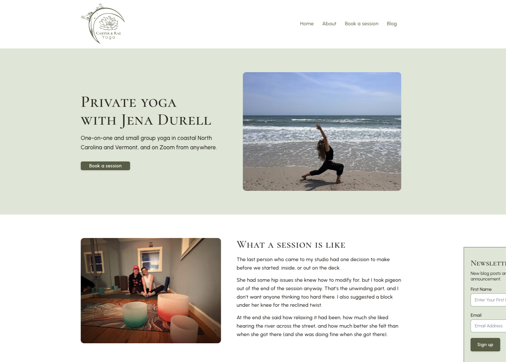 Carter & Rae Yoga homepage: private yoga with Jena Durell, and what a session is like